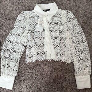 Zara White Floral Lace Tie-Bow Blouse
